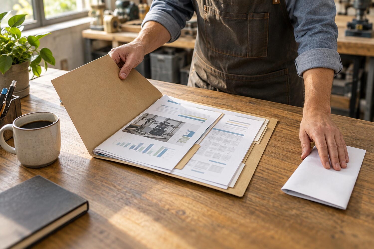 Business owner opening a kraft folder of invoices and equipment papers on a wooden workshop desk