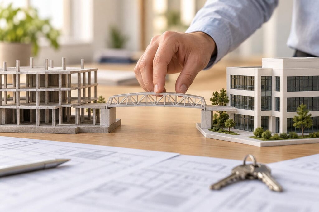 Hand placing a model bridge between a building under construction and a finished office building model