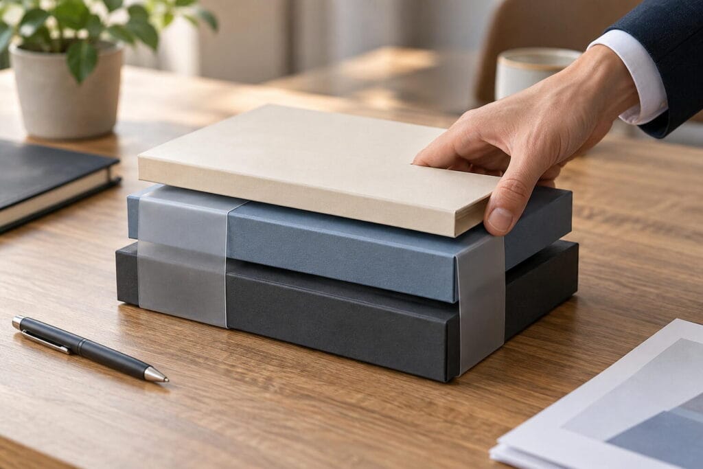 Hand in a suit sleeve stacking three layered blocks of different colors on a wooden desk