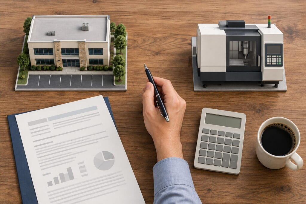 Hand with a pen between a commercial building model and a CNC machine model beside a term sheet and calculator