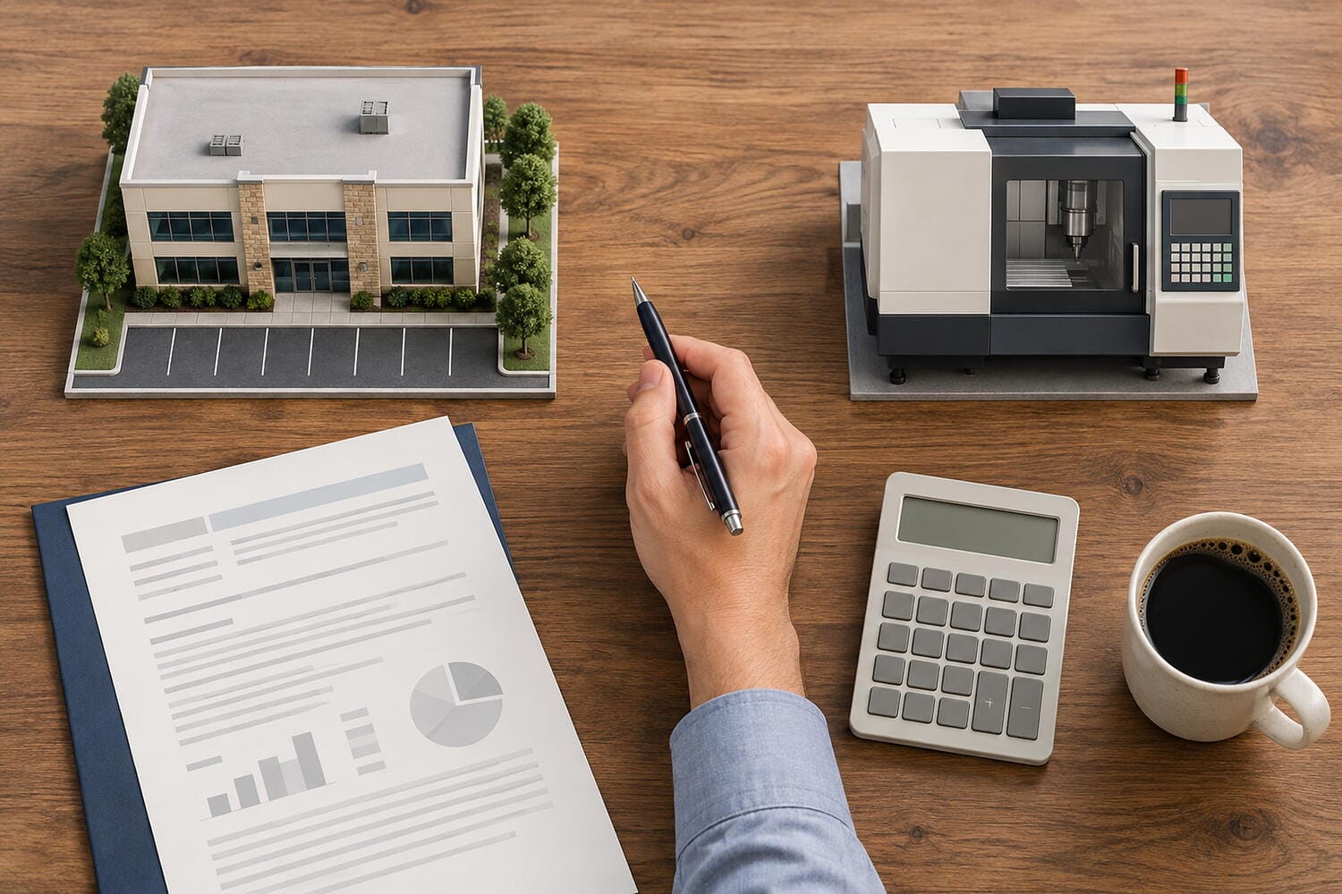 Hand with a pen between a commercial building model and a CNC machine model beside a term sheet and calculator